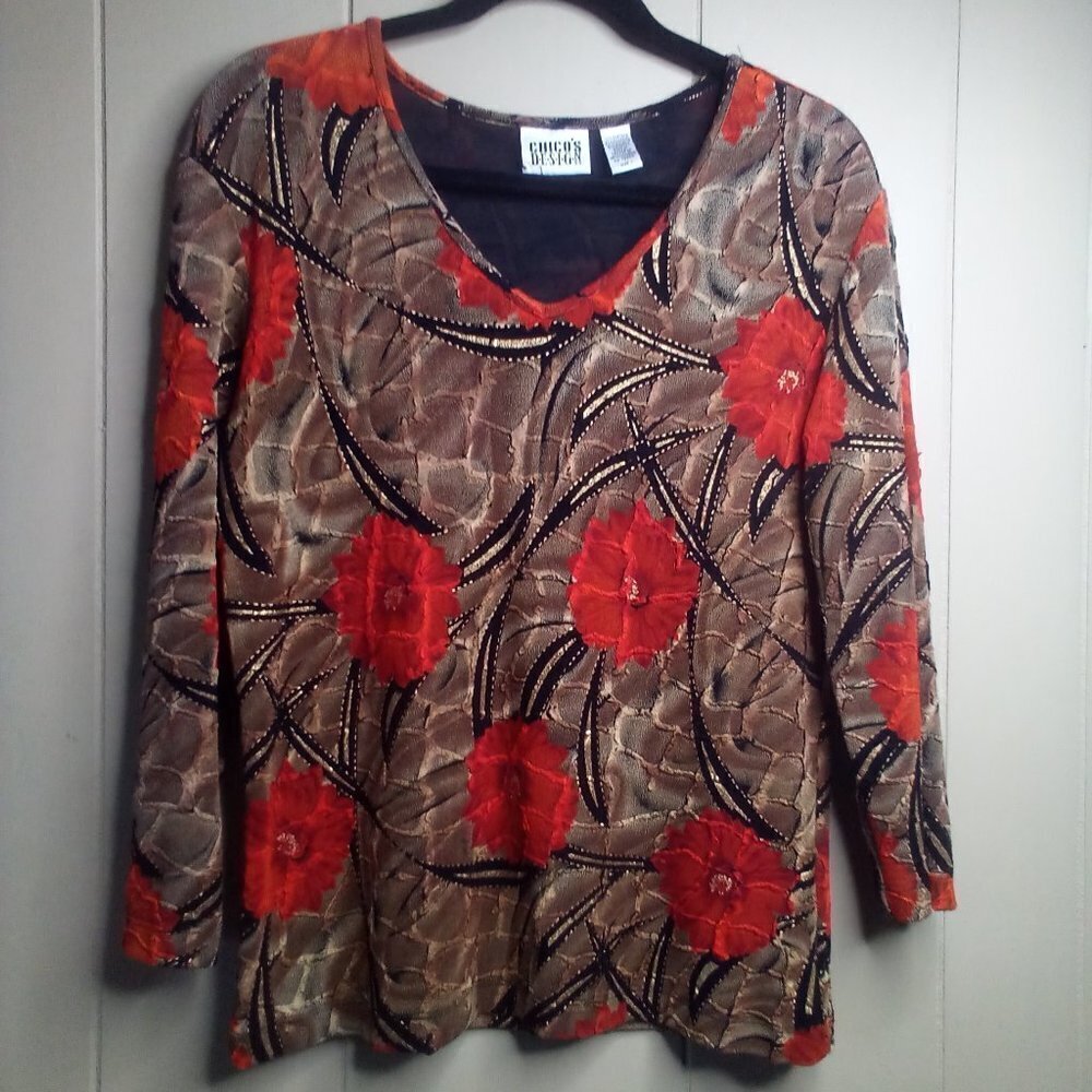 Chico's Design Blouse 1 M Textured 3/4 Sleeve Floral Brown Red Black